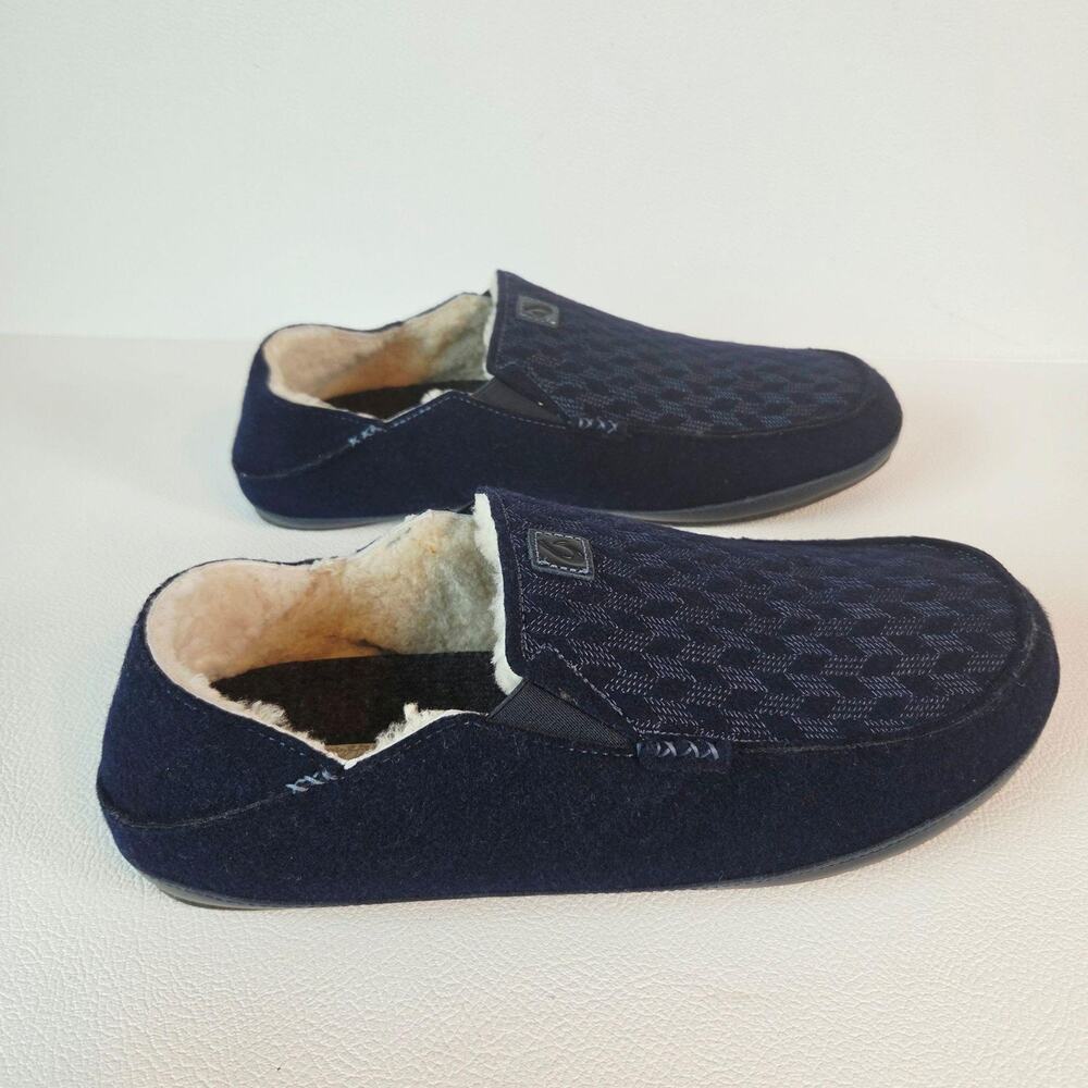 OluKai Slippers Mens 15 Trench Blue Moloa Kilohana Sheepskin Lined Moccasin NEW - Picture 4 of 9